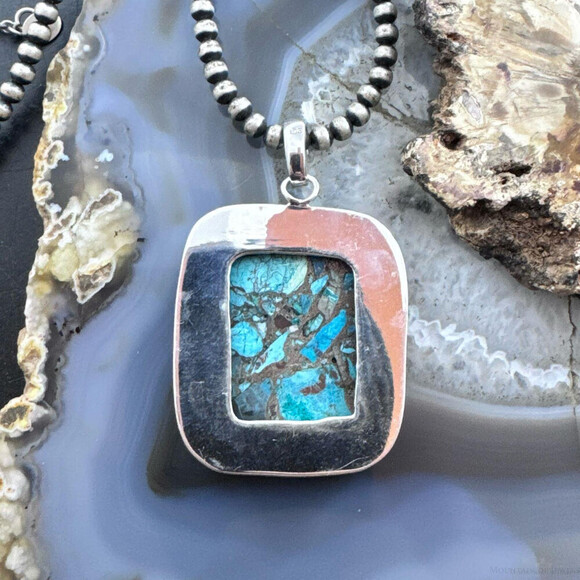 Sterling Southwestern Style Large Square Cooper Turquoise Pendant For Women - Picture 7 of 10